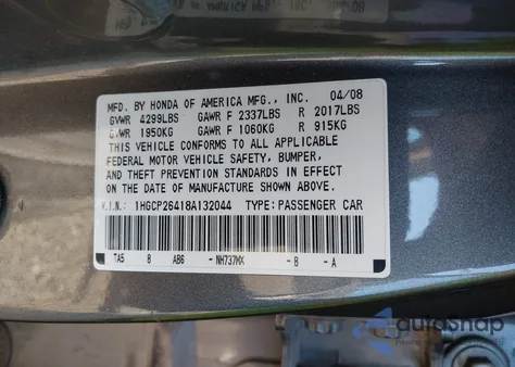 2008 Honda Accord 2.4 Lx-P из США, поврежденный, VIN 1HGCP26418A132044